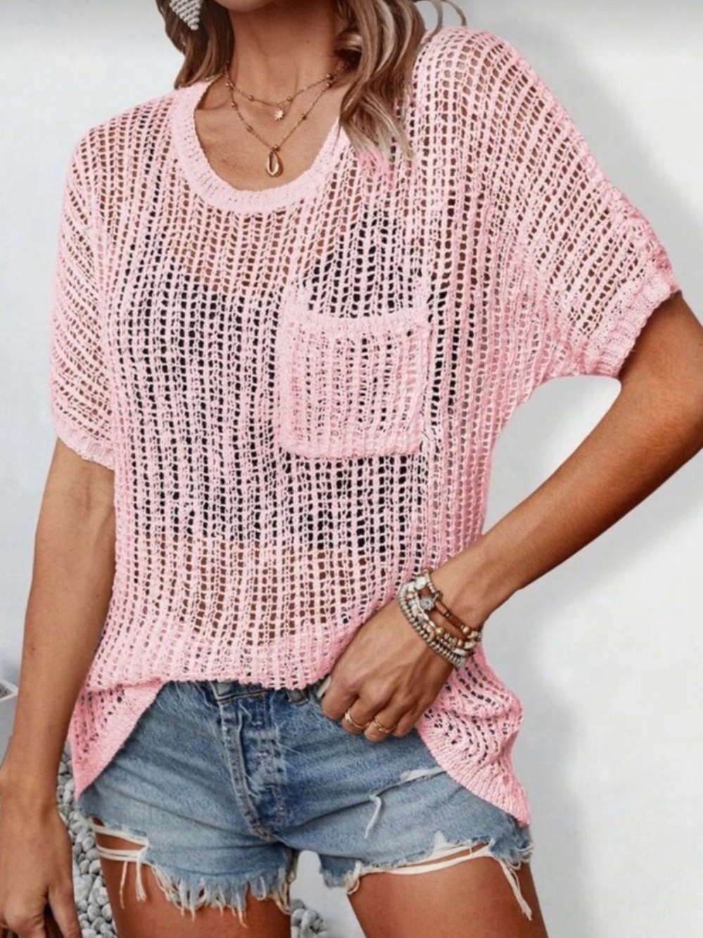 SHEIN Pink Open-Knit Short Sleeve Pocket Tee